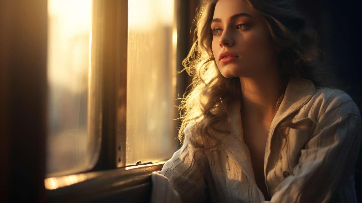 Beautiful woman watching train by window