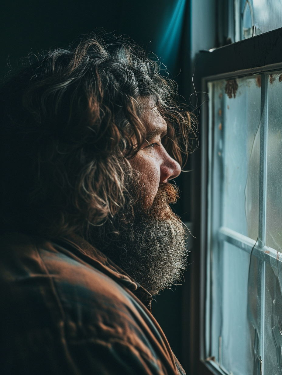 Close-up Photo of Burly Bearded Man Looking Out Window