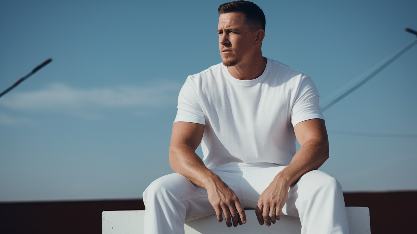 Channing Tatum in white crew Tshirt with ethereal glow