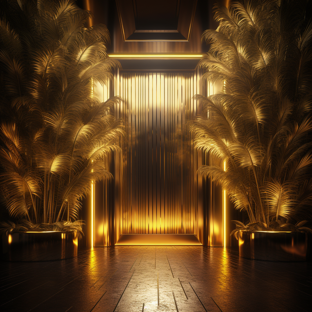 Cinematic gold room with 3D door and palm tree leaves