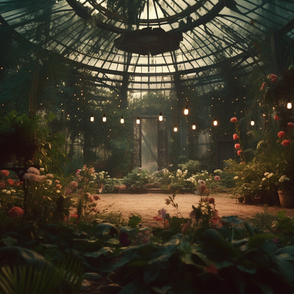 Cinematic scene of a futuristic greenhouse with lush greens and flowers