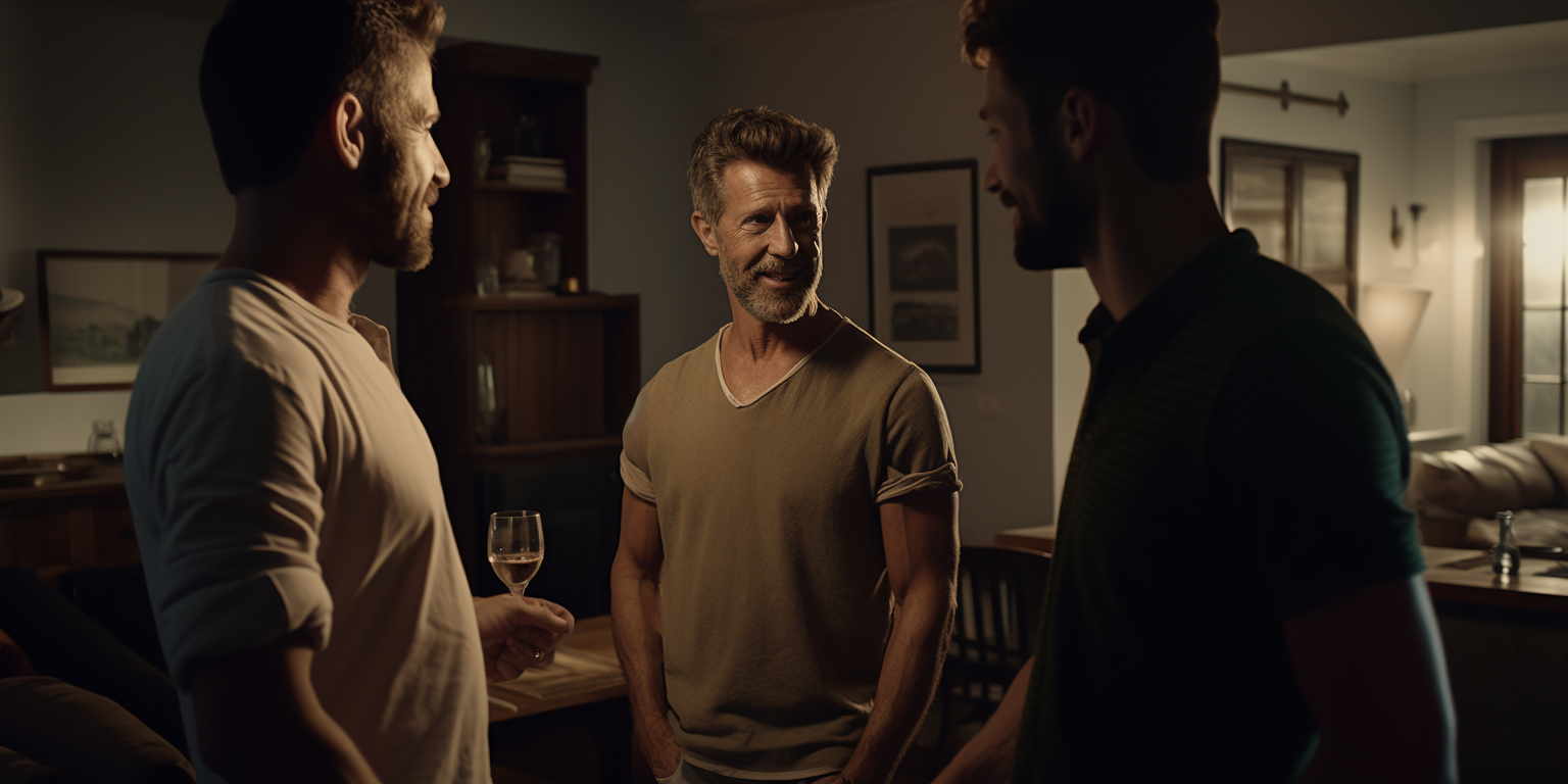 Middle-aged man talking to young men