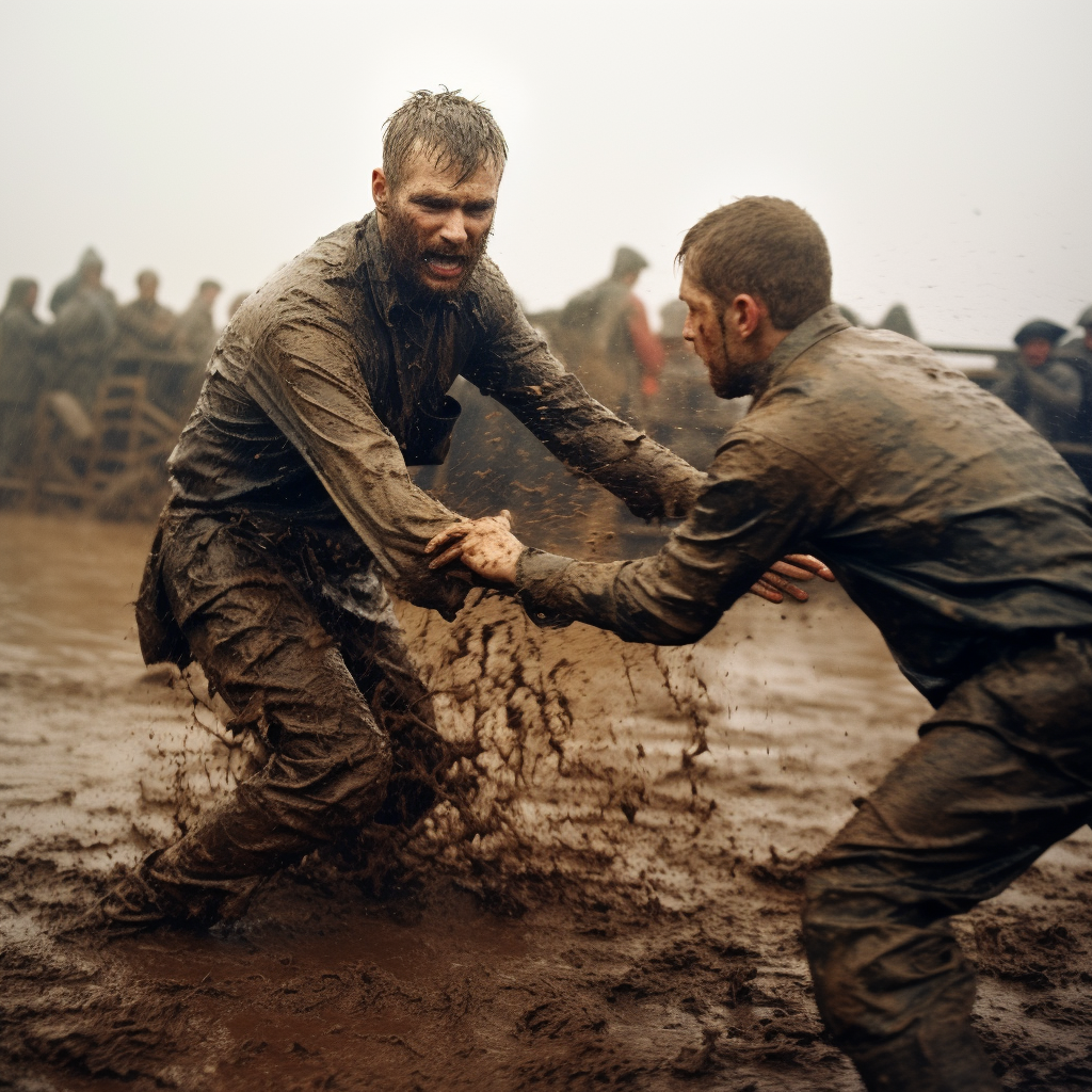 Intense mud wrestling match in progress