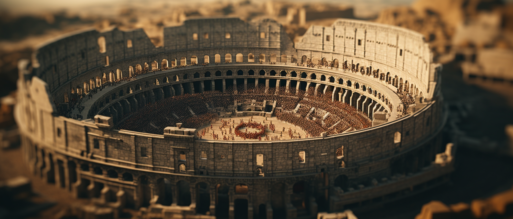 Aerial shot of hyperrealistic Roman Colosseum with crowd