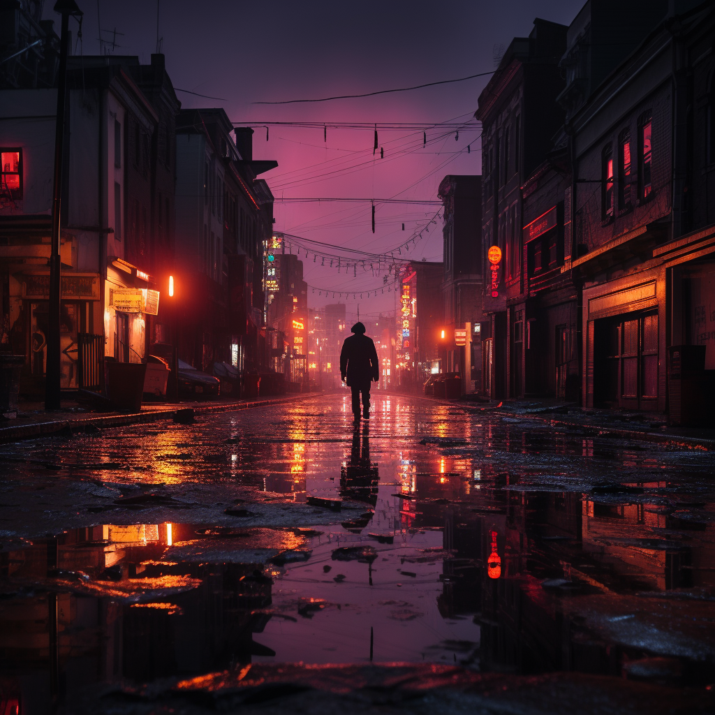 Moody night scene with neon lights in small town