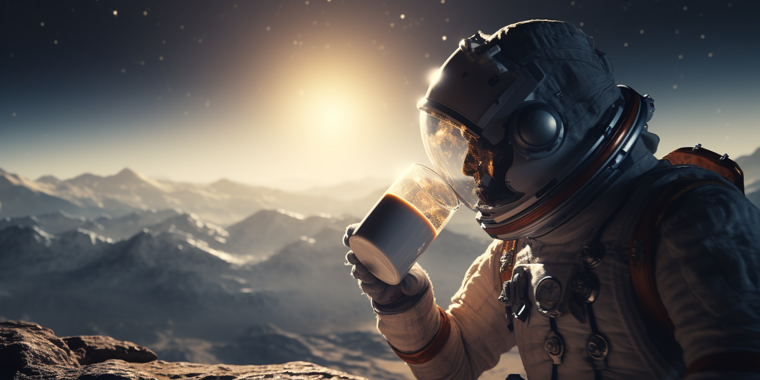 Astronaut enjoying a cup of coffee in a cinematic still