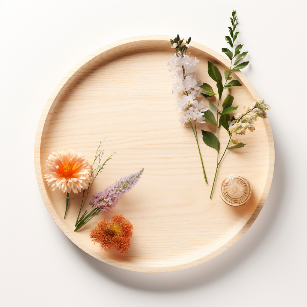 Charming circle wooden tray with flowers