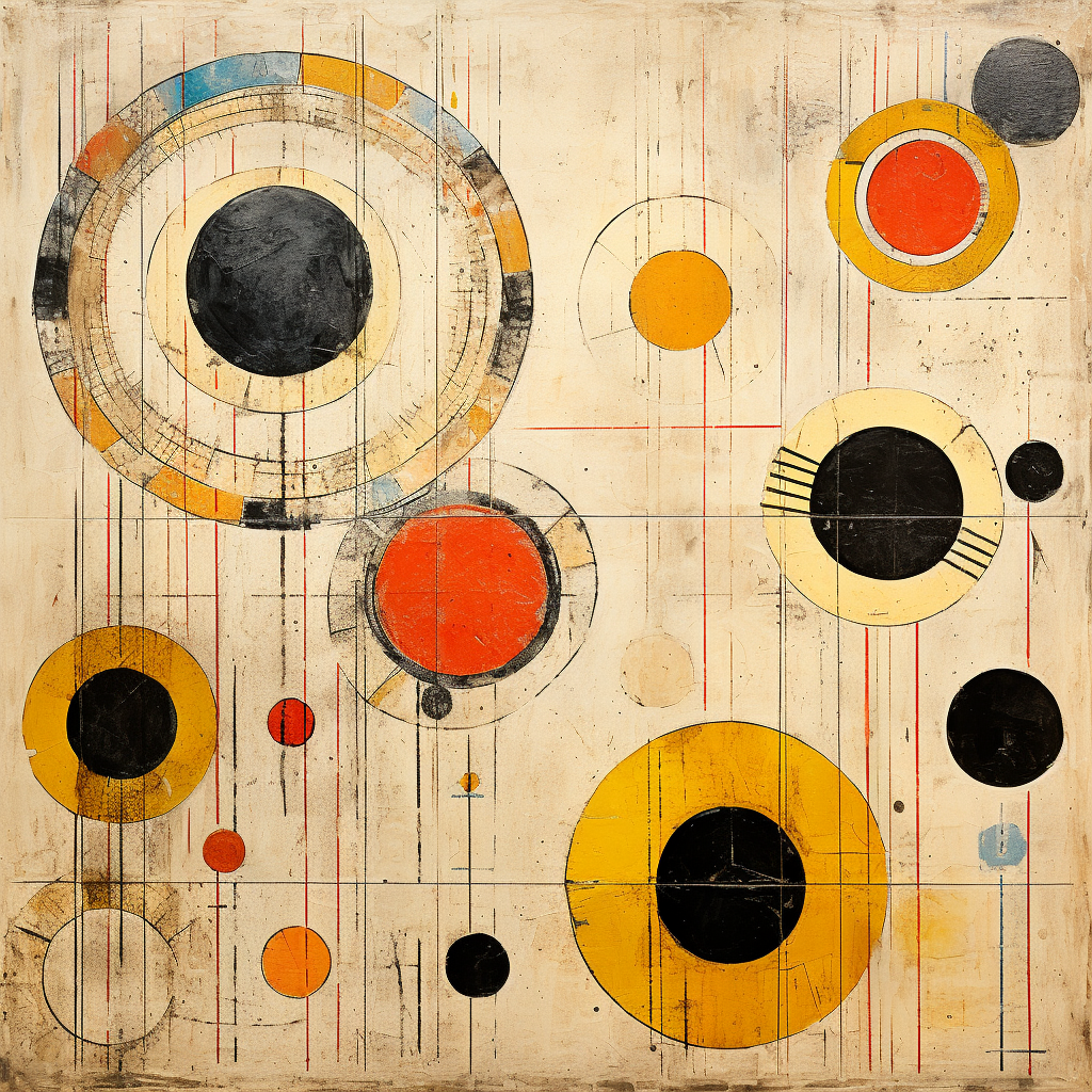 Abstract artwork with circles, squares, and triangles