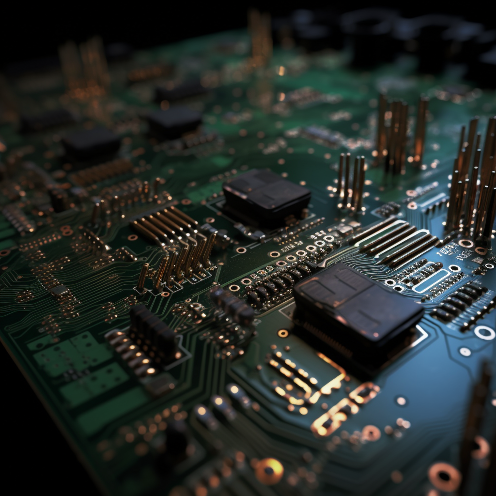 Closeup of circuit board with light beams