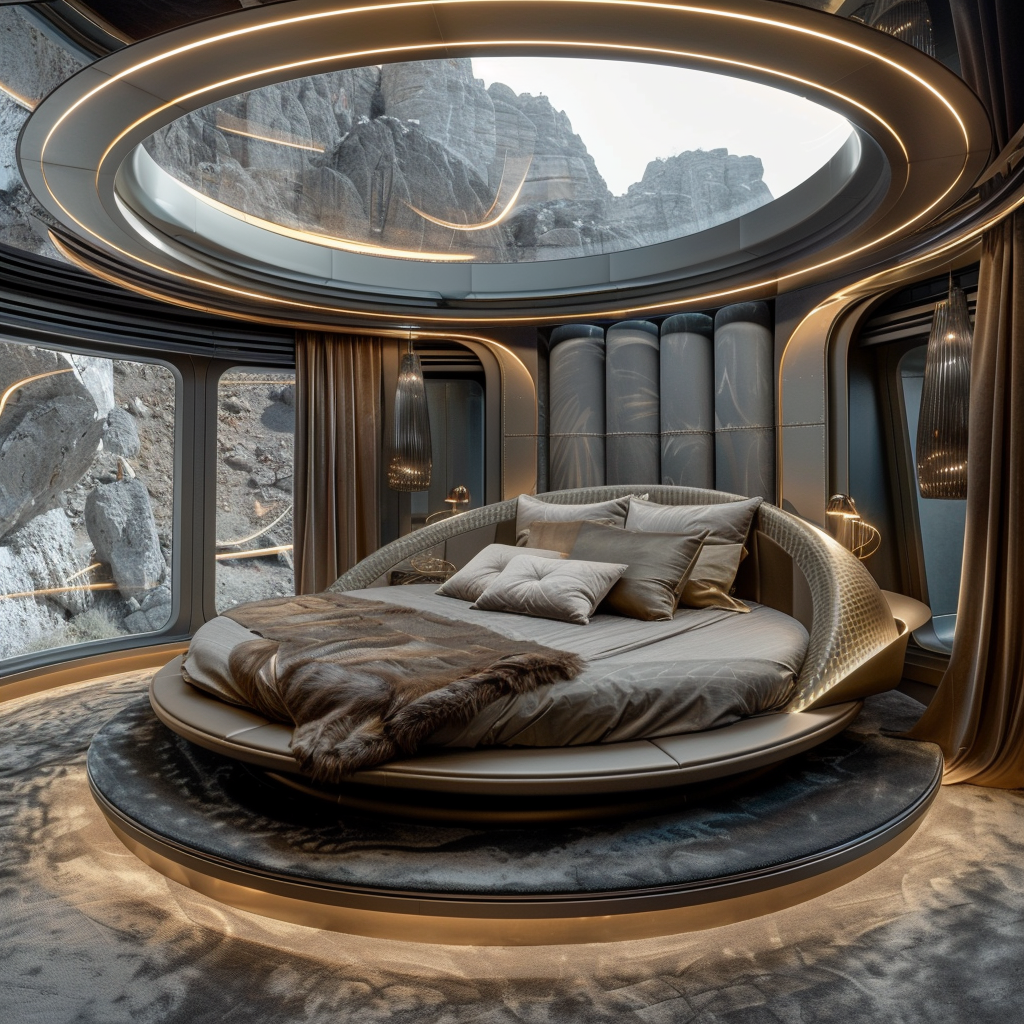 Circular bed in futuristic room