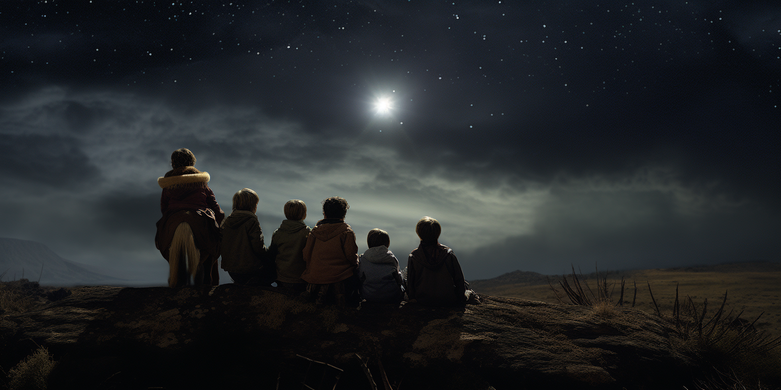 Group of kids on horseback under celestial beam