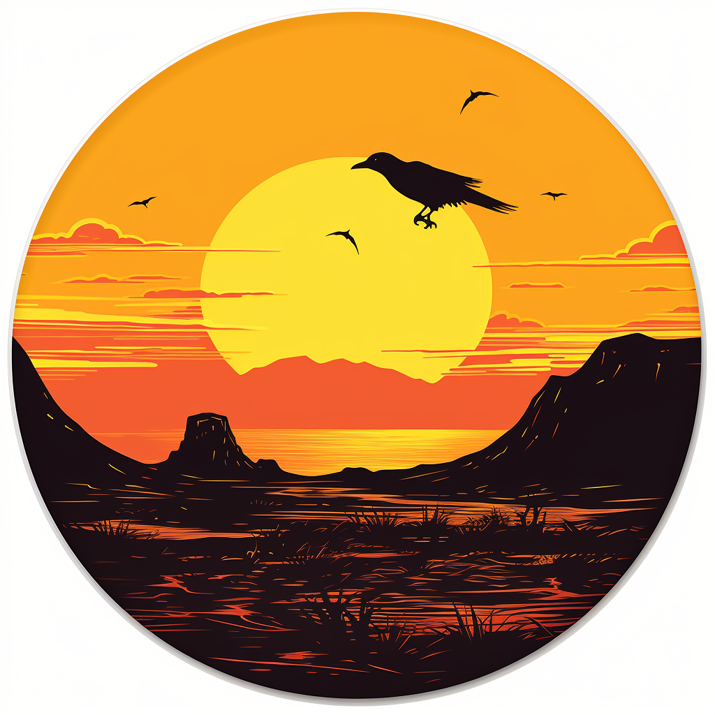 Yellow sky with circular sticker on a dry desert with dying bird