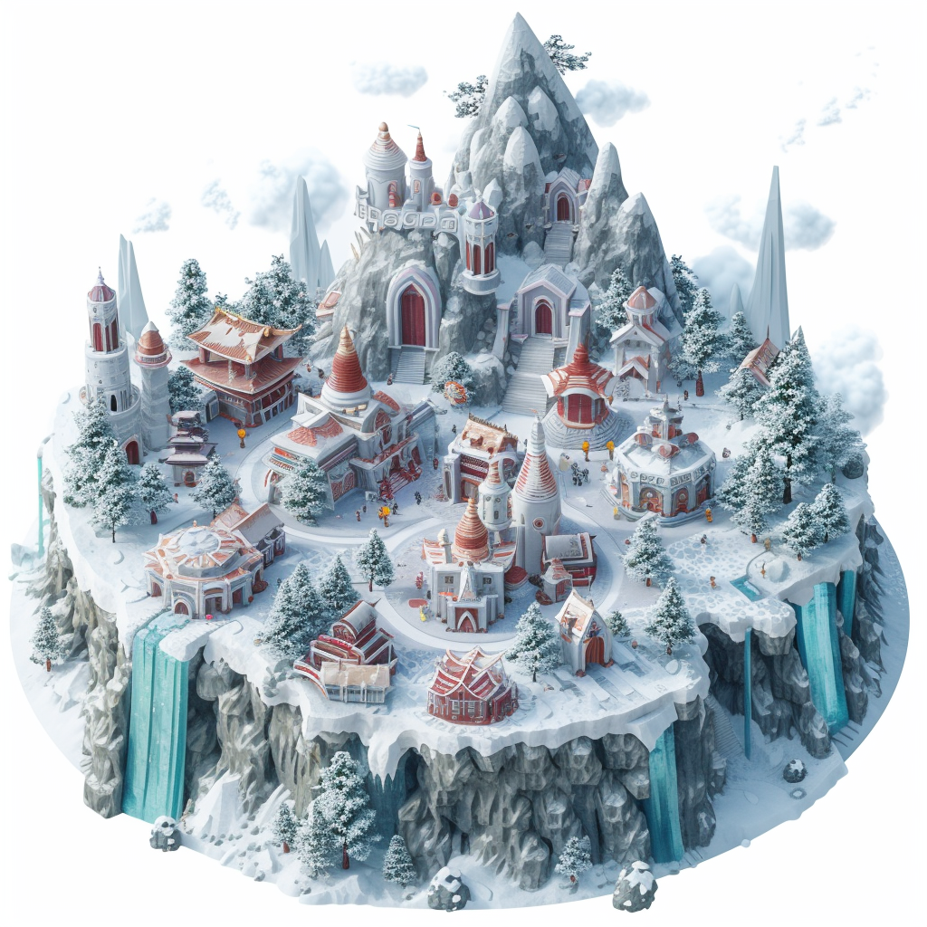 Frosty Mountain Game Village with Floating Buildings