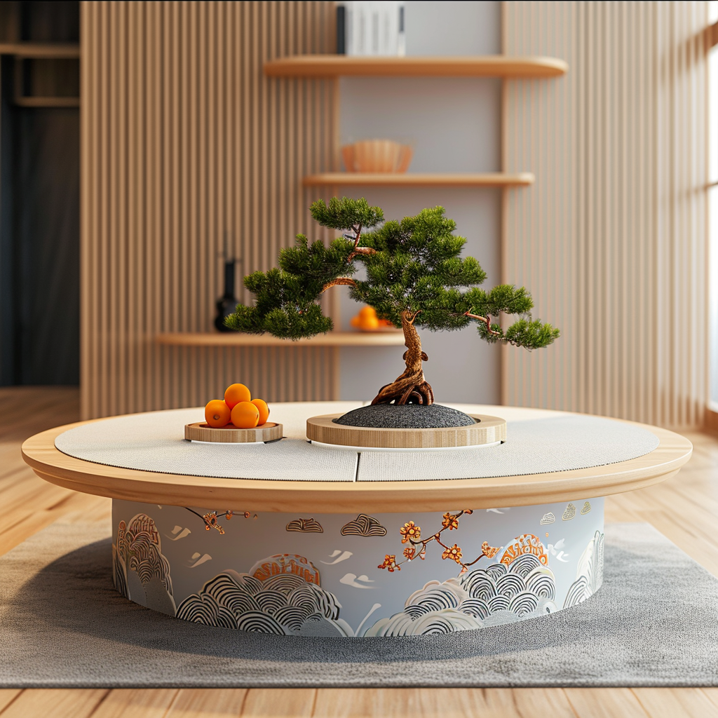 circular kotatsu pretty patterns pine bonsai tangerines