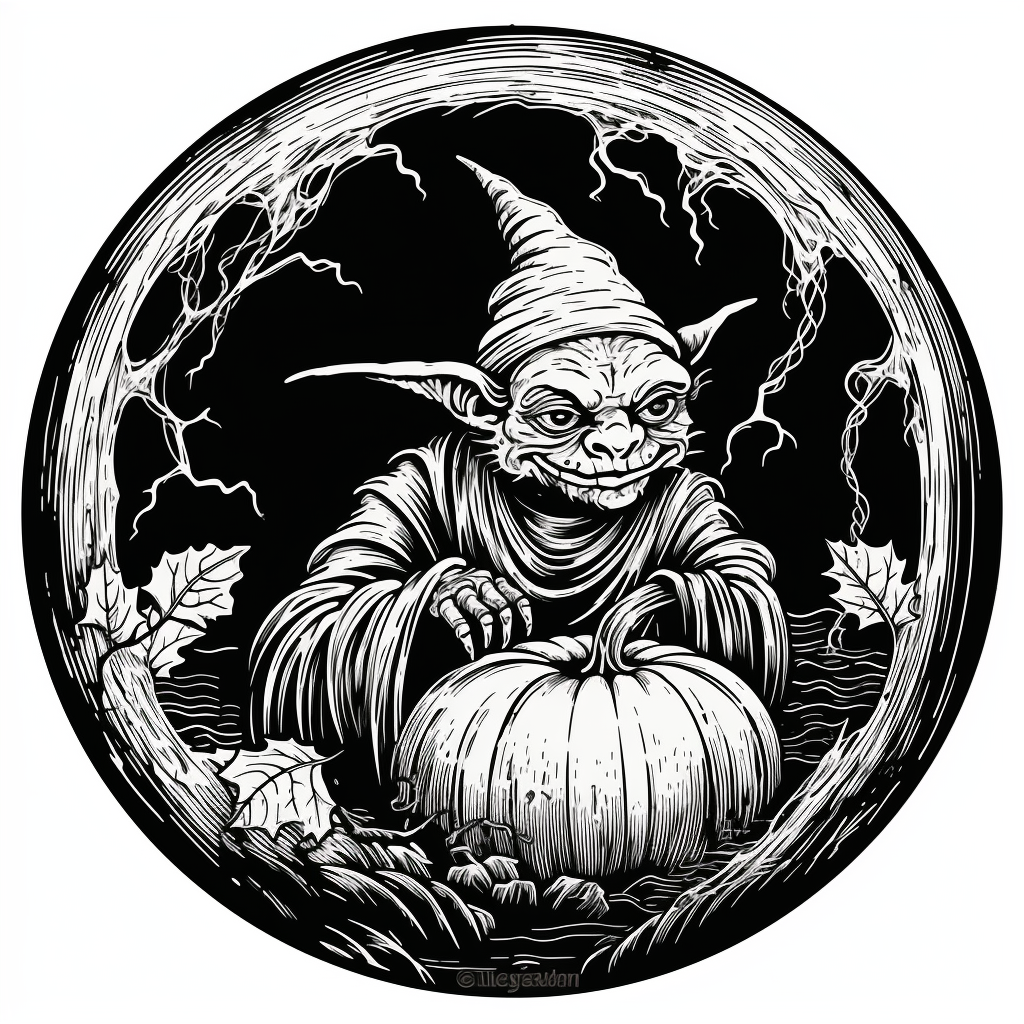 Black and white woodcut goblin in a pumpkin