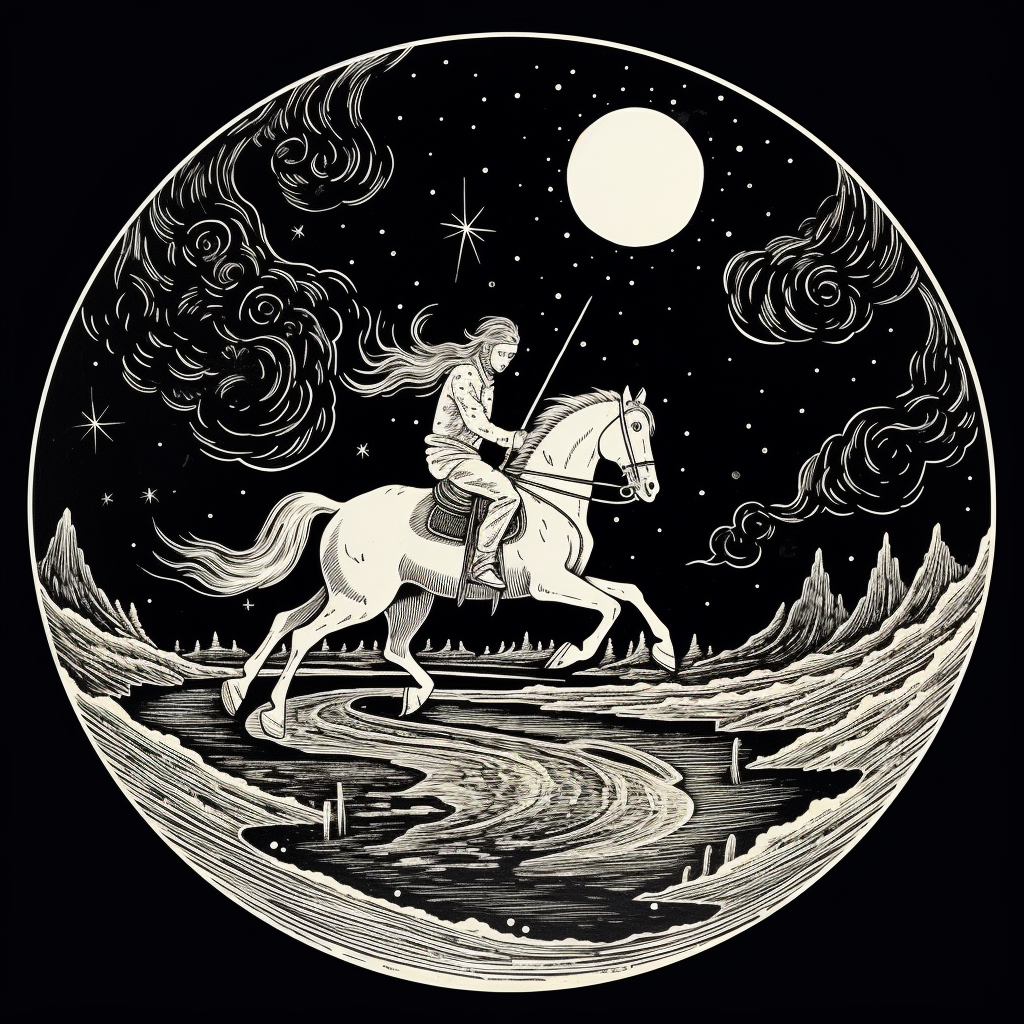 Black and white woodcut horseman riding under full moon