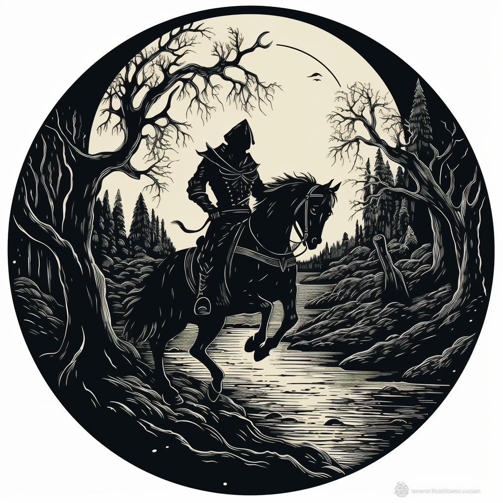 Black and white woodcut art of Sleepy Hollow Headless Horseman