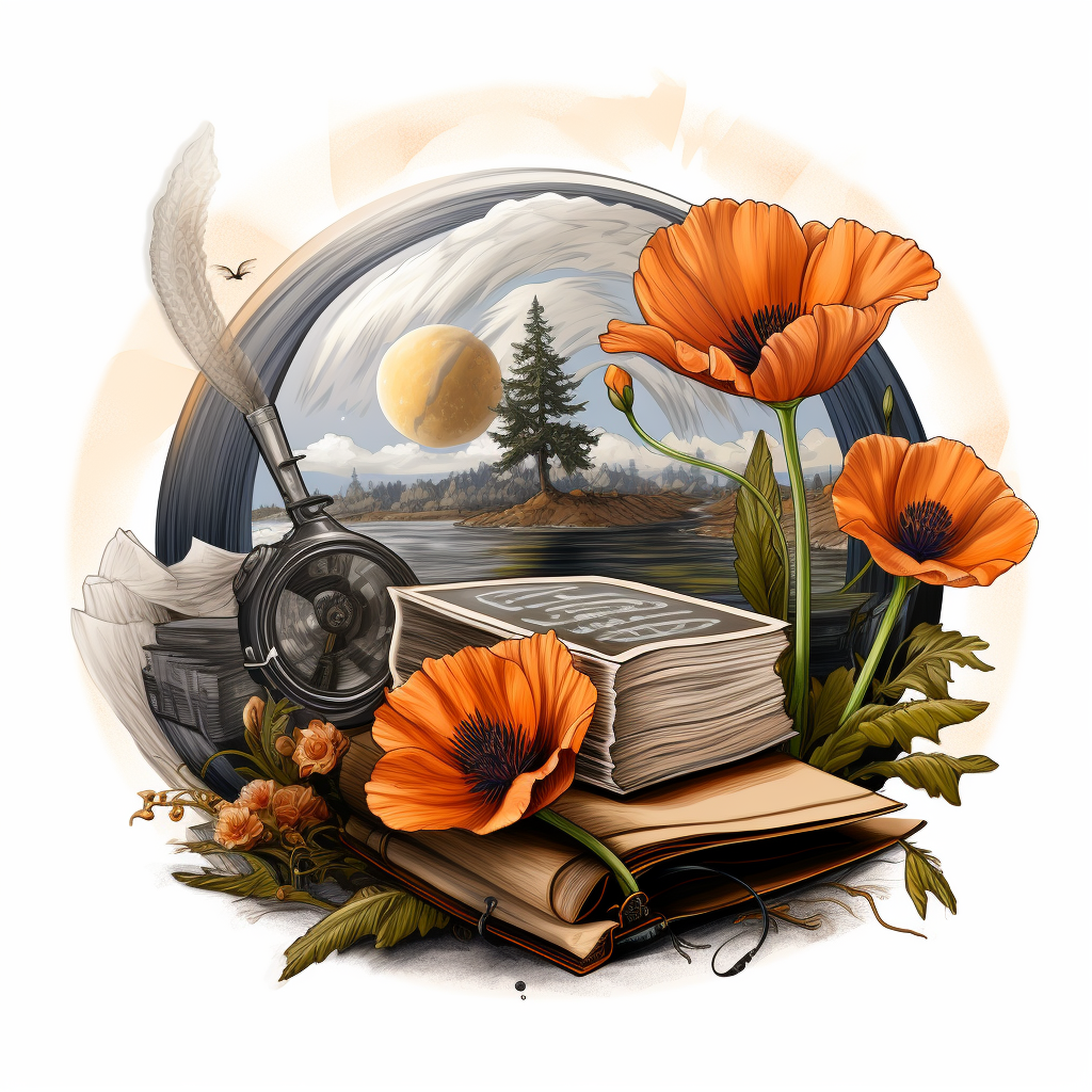 Circular logo with poppy, pen, earth, book, key