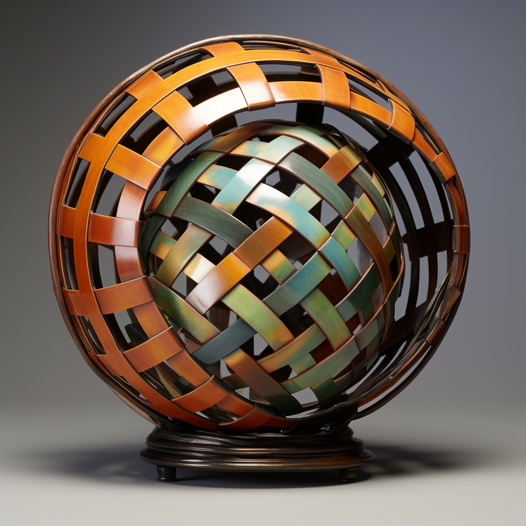 Circular Metal Stained Glass Sculpture of Tongva Weaved Basket