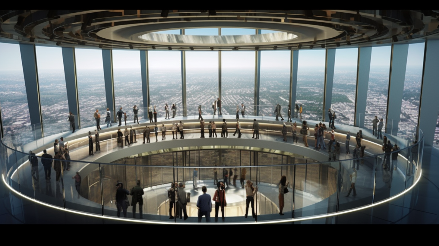 Interior view of circular skyscraper observation deck with ramp