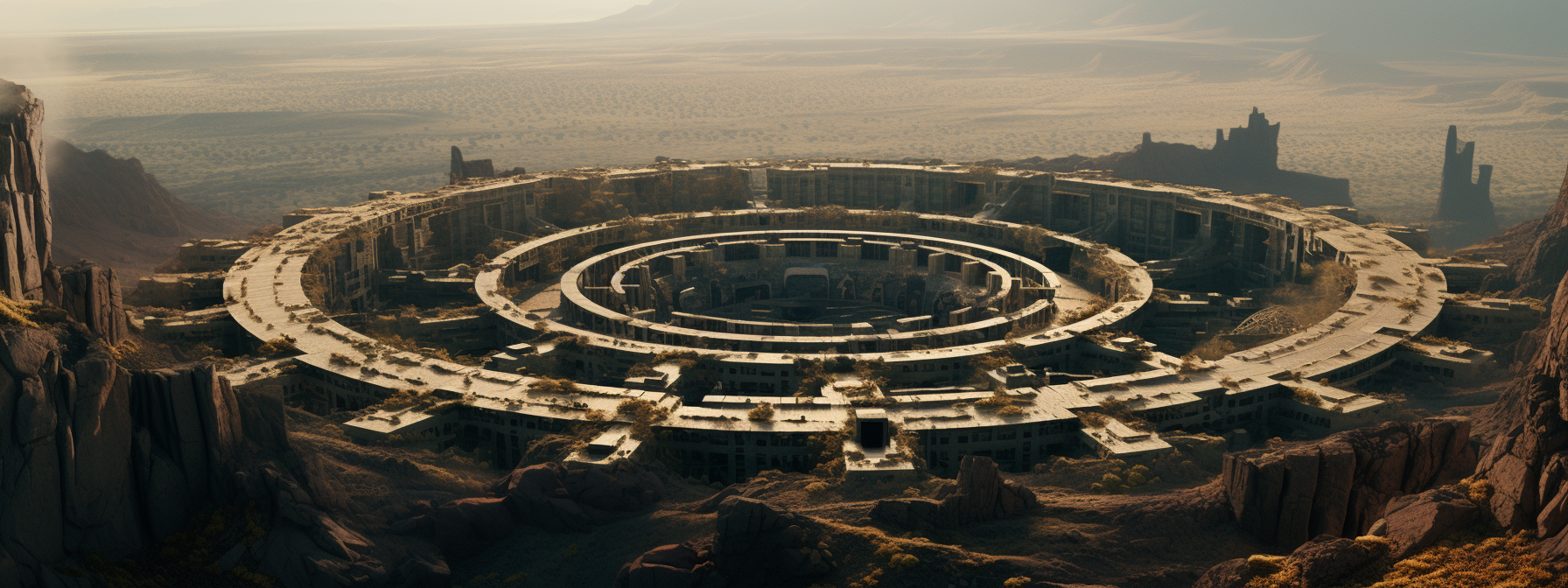 Aerial view of circular walled city in desert