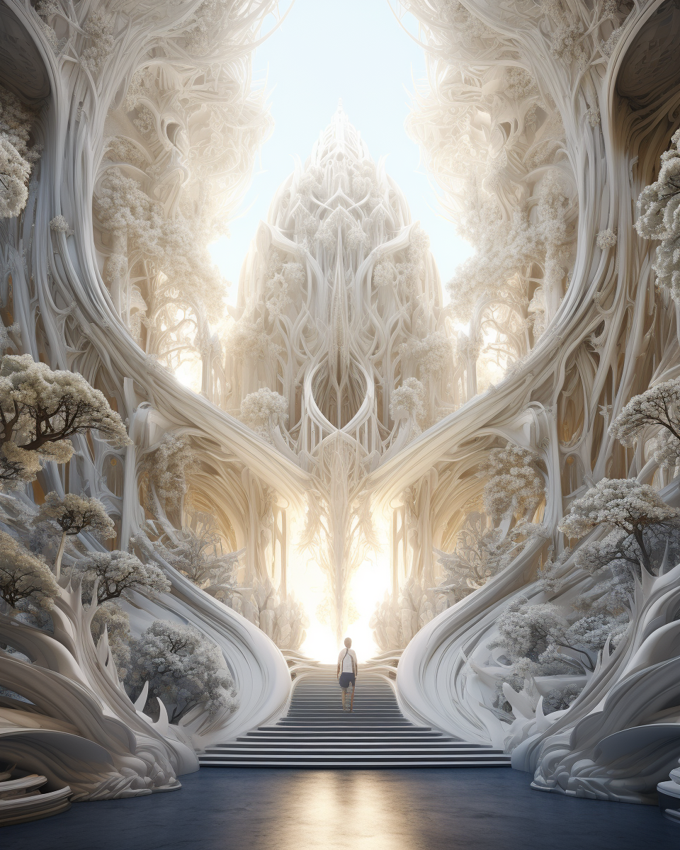 Grandiose fantasy hall with white statues