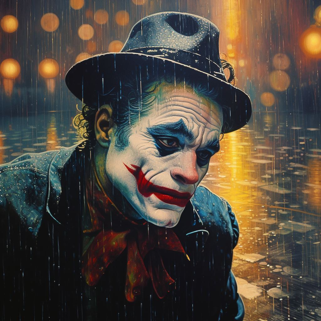 Emotional circus clown crying in rain