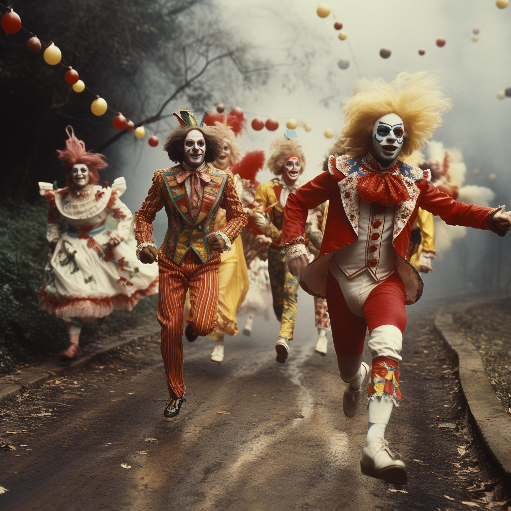 Vintage circus performers running in a field