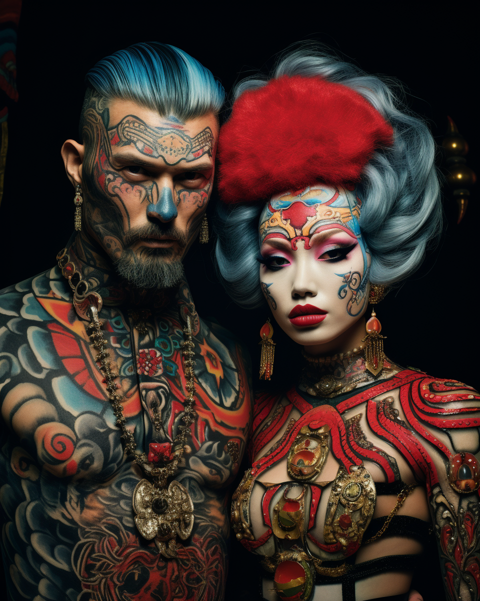 Circus people with tattoos and unique hairstyles  (6 words)