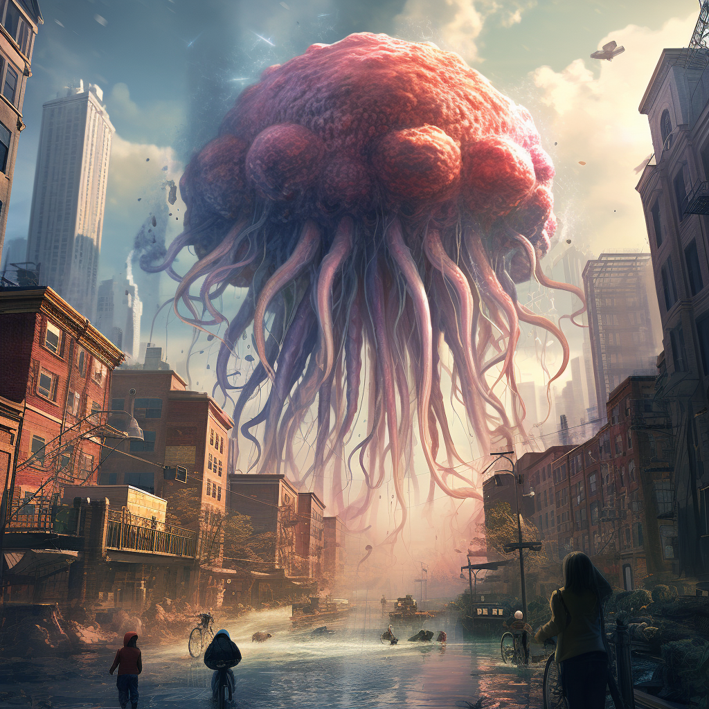 Giant jellyfish monster attacking city