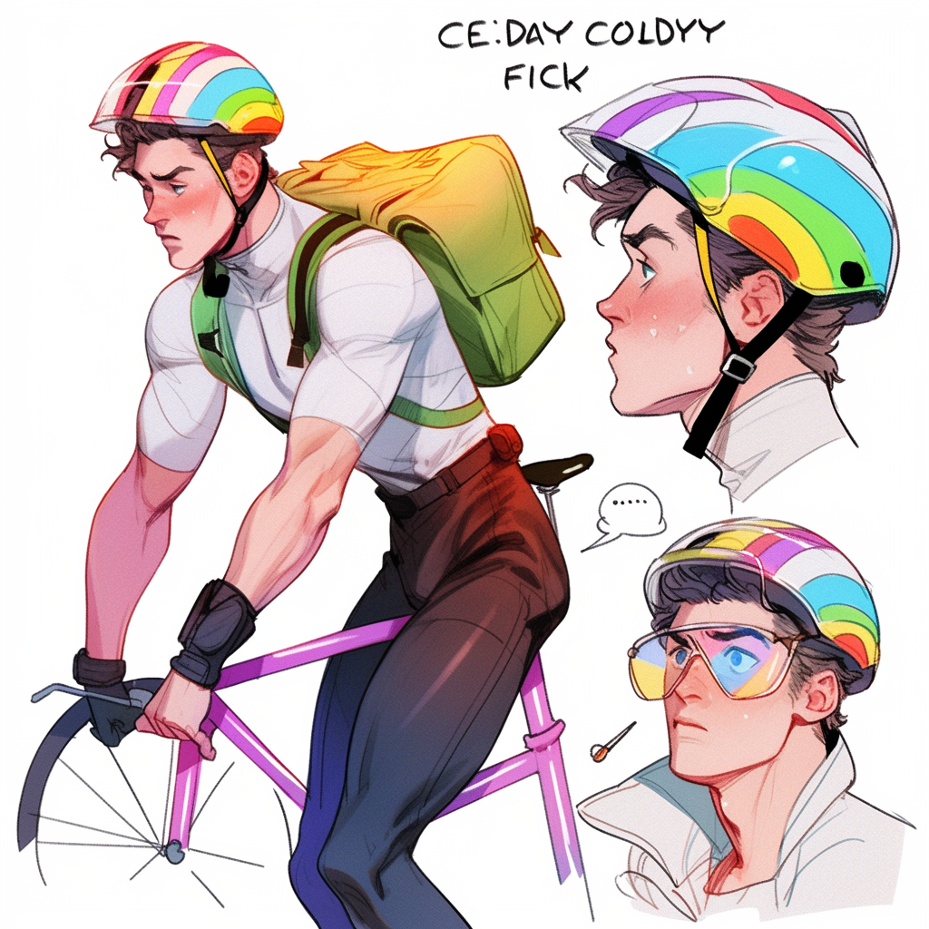 Gay male bicycle courier speeding through city streets