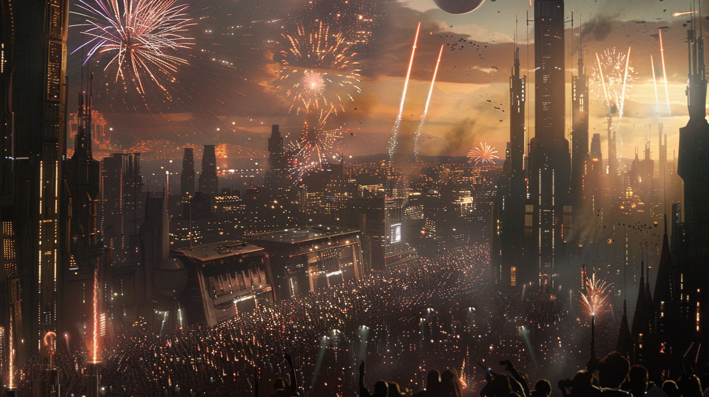 Sci-fi city celebration fireworks illustration