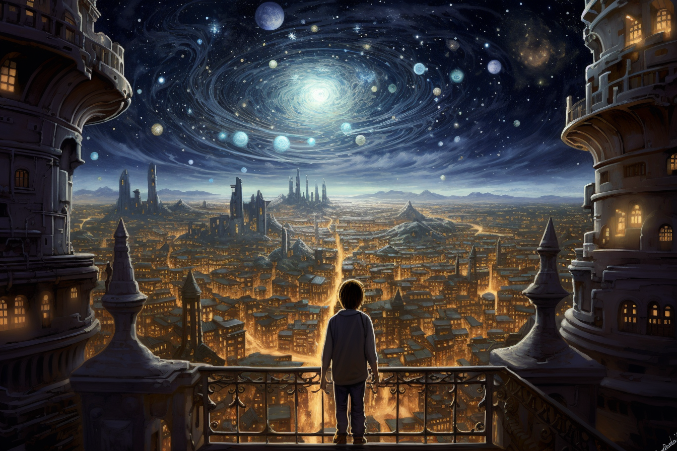 Boy exploring a city of dreams and stars