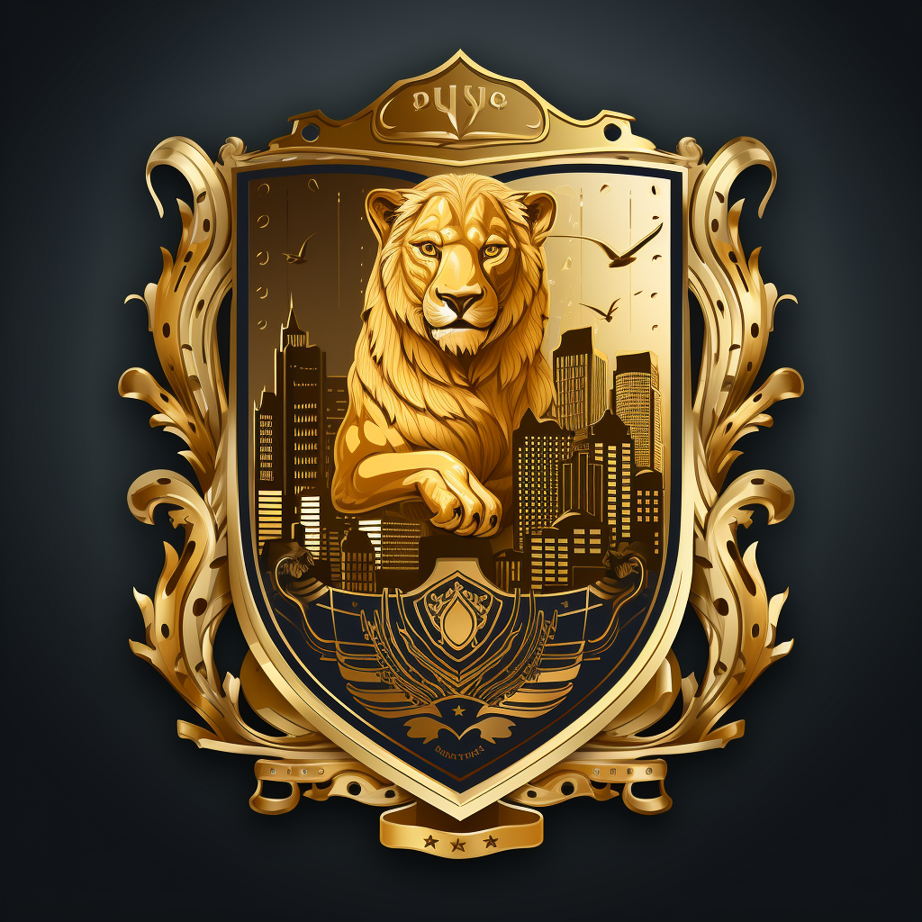 Golden city emblem with royal coat of arms and jaguar