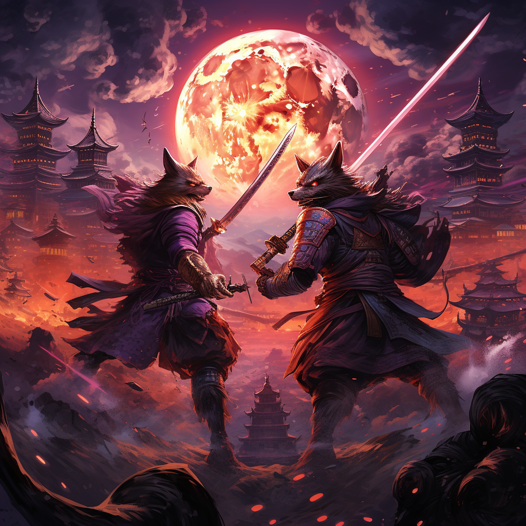 Two giant fox-headed warriors clash with katanas.