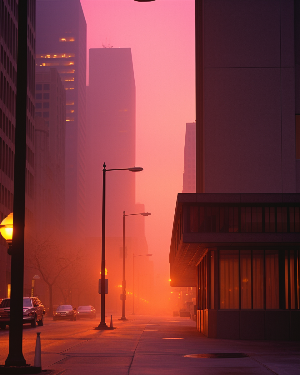 City fog at sunset through minimalist building