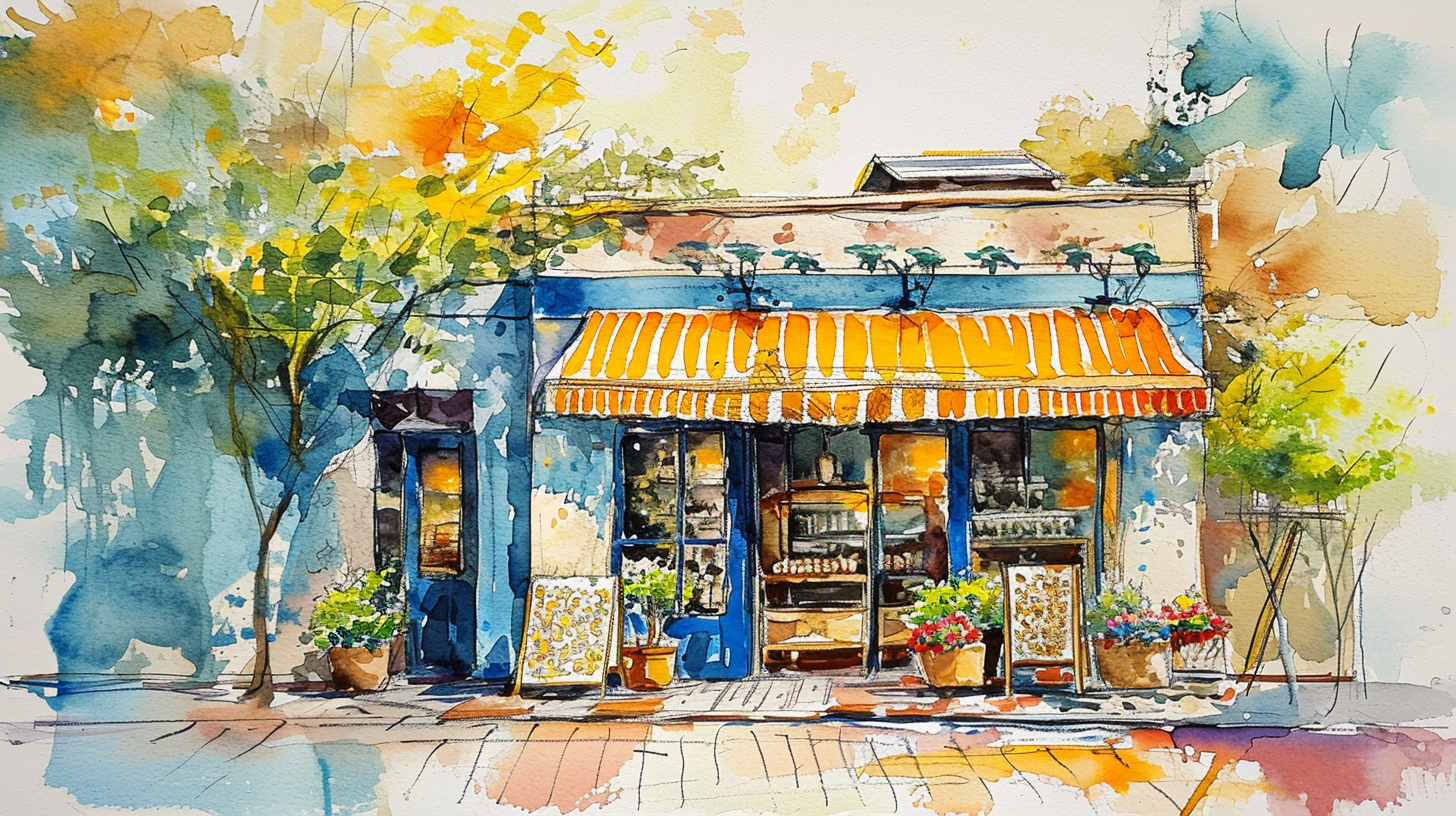 Watercolor Painting Charming Popcorn Fudge Shop