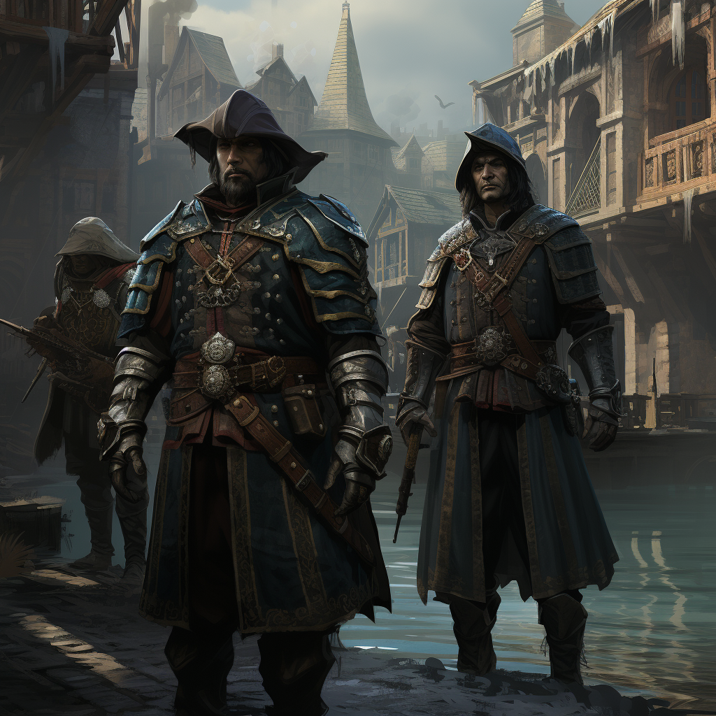 Corrupt city guards patrolling medieval docks