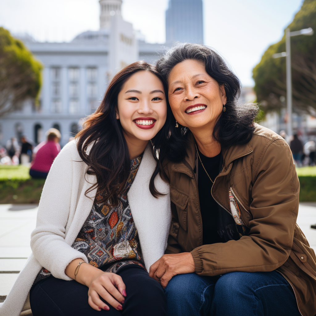 Asian teenager and Latina woman smiling on colorful bench