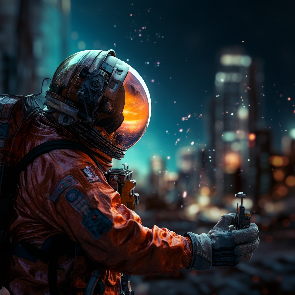 Cosmonaut holding city in hand