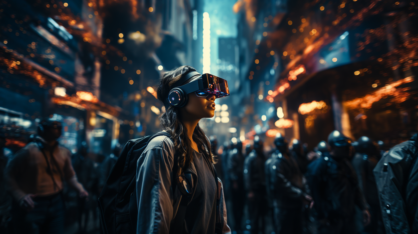 City with illuminated screens and people wearing VR headsets in a cyberpunk digital dystopia