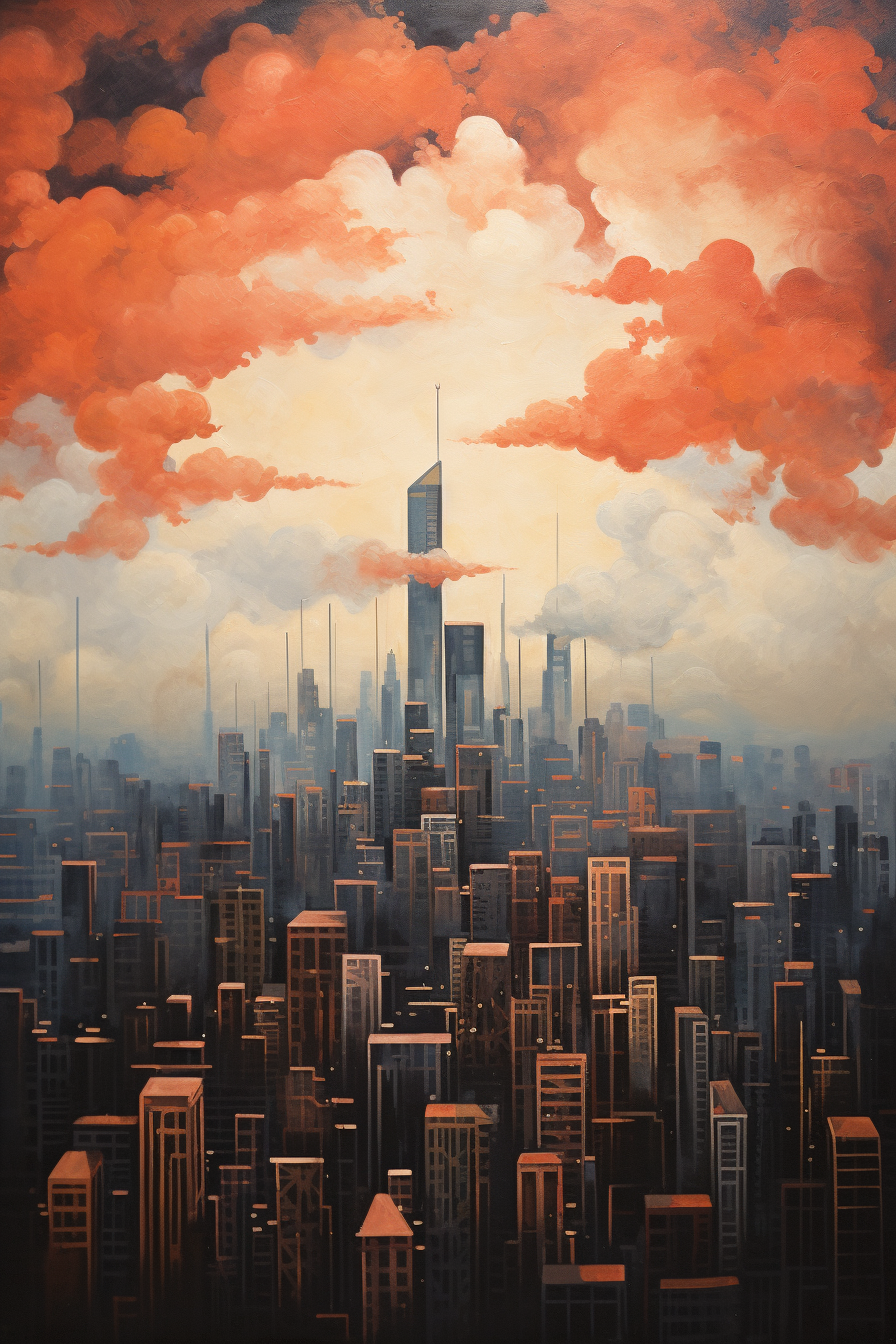 Acrylic painting of a city in the clouds