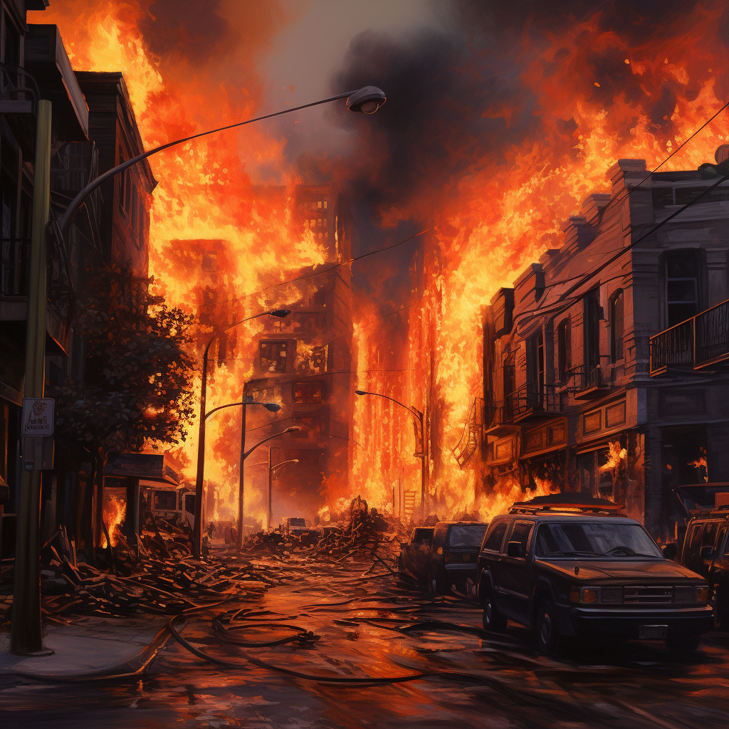 Burning city skyline in photorealistic artwork