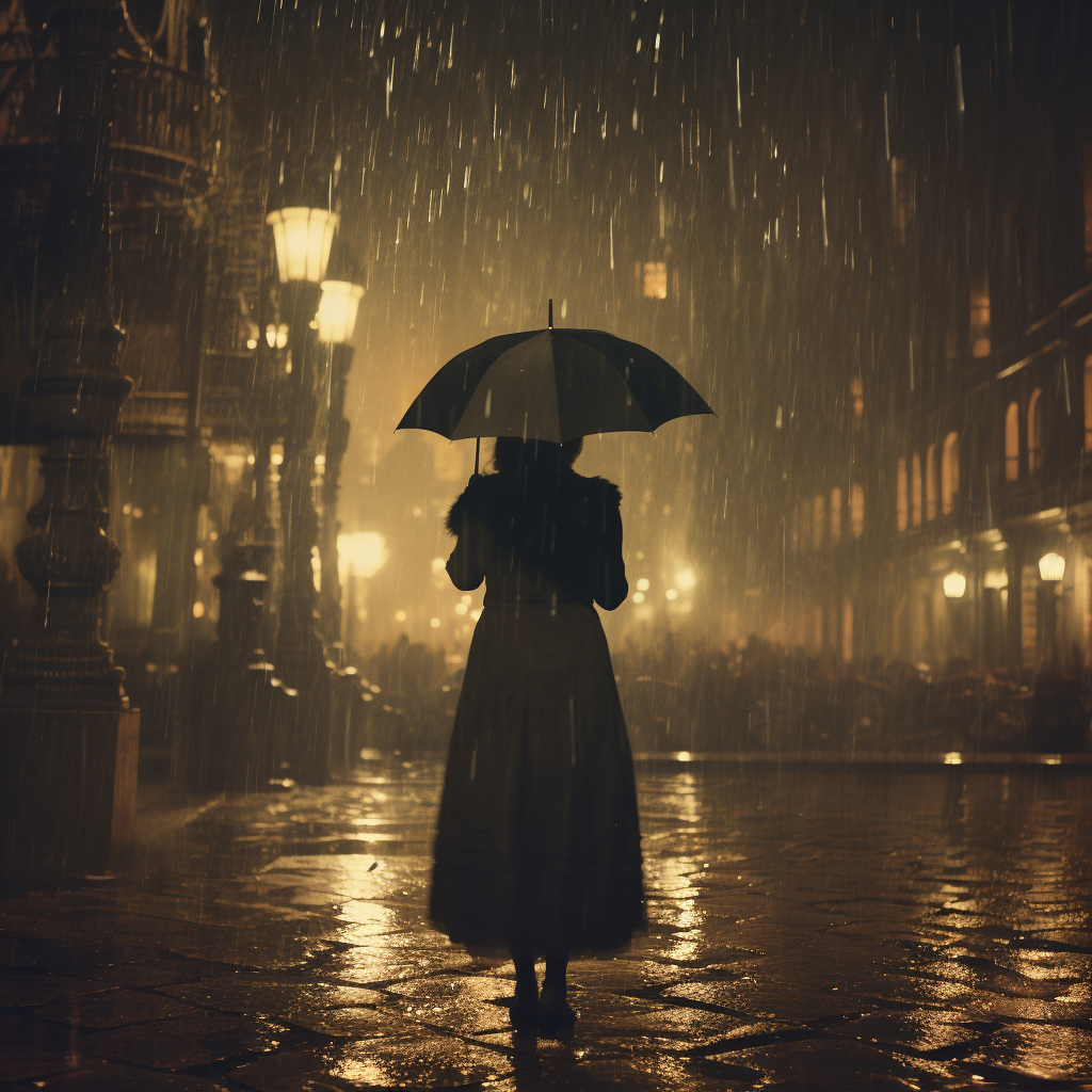 Woman holding umbrella in the rain at night