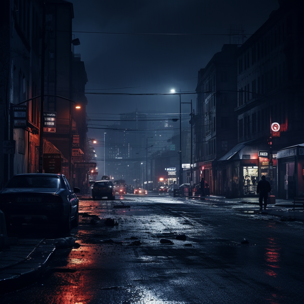 Tense city streets at night