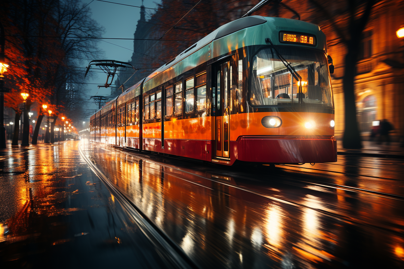 Mystical city night with tram