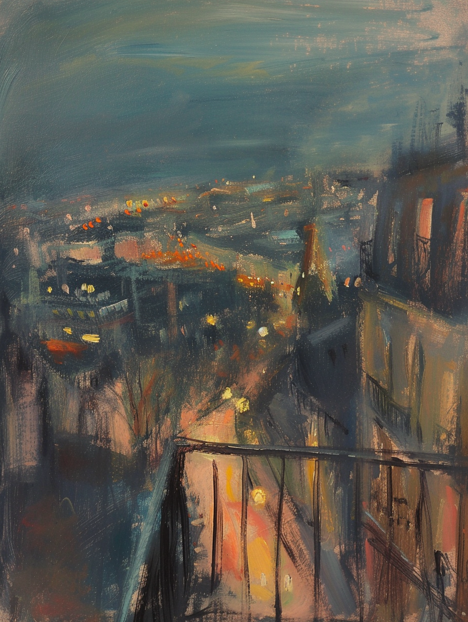 Nostalgic city night viewpoint painting