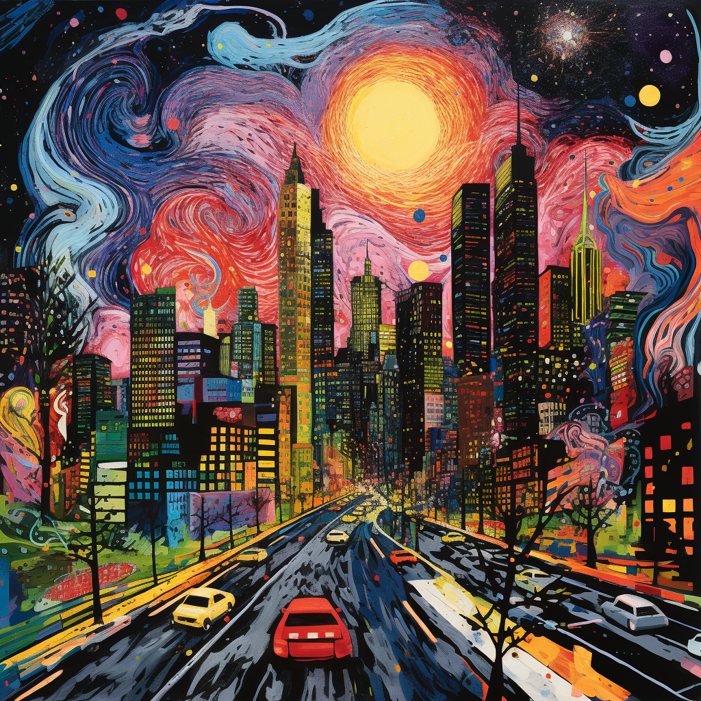 Colorful cityscape art by Bradford & Scharf