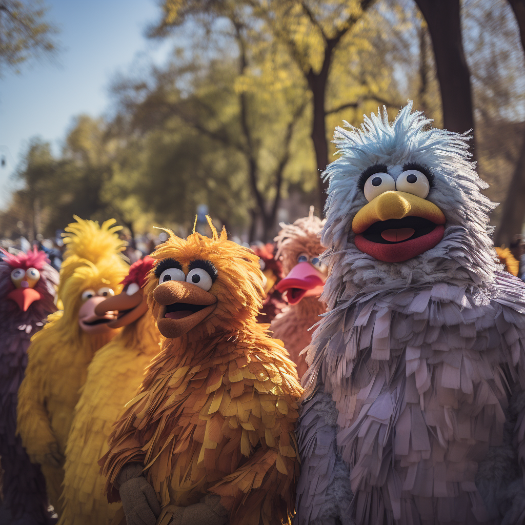 Colorful city park with muppet creatures and real people