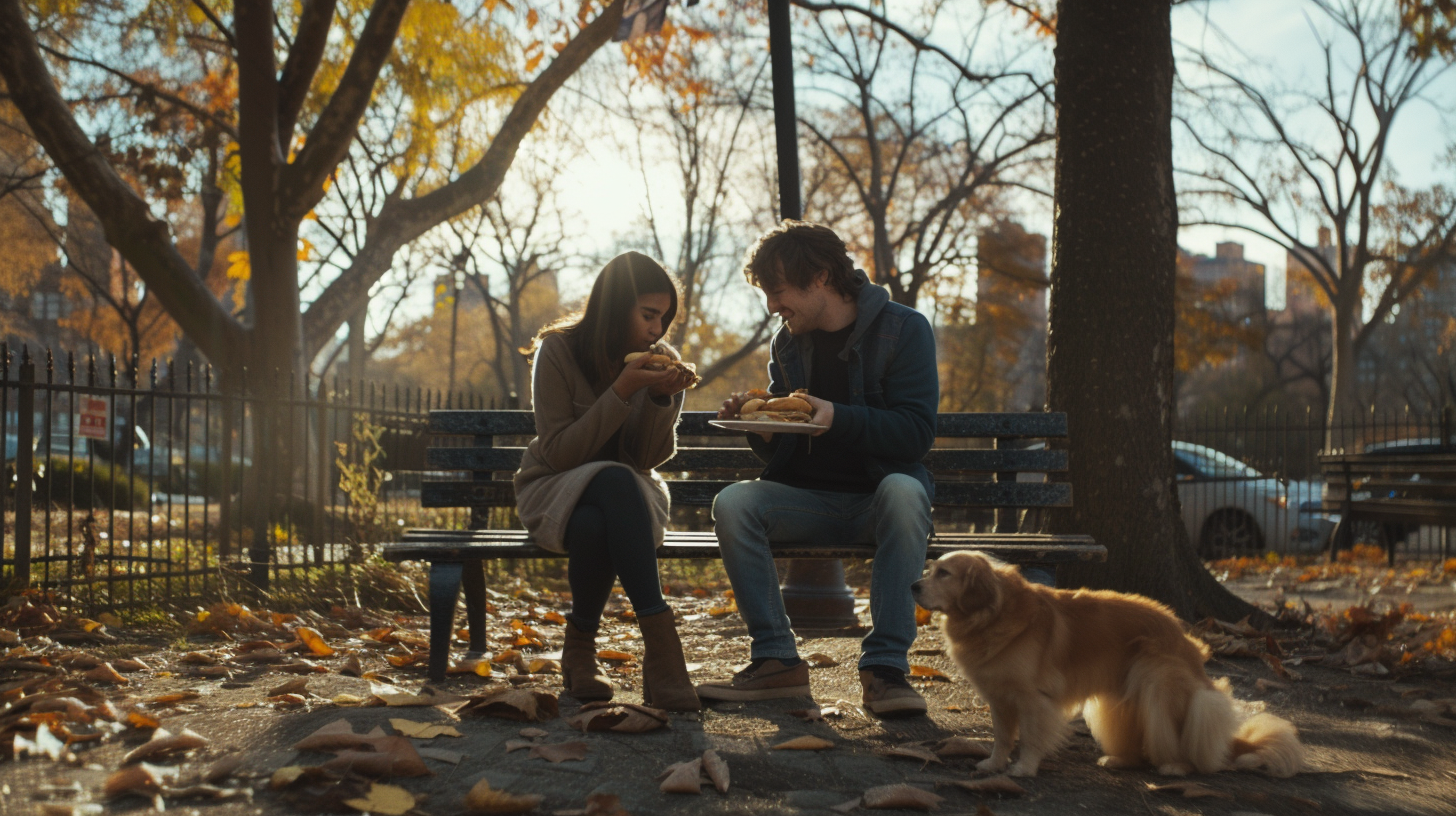 Man, Woman, and Dog in City Park